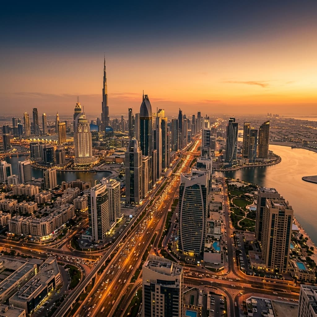 Dubai skyline at golden hour